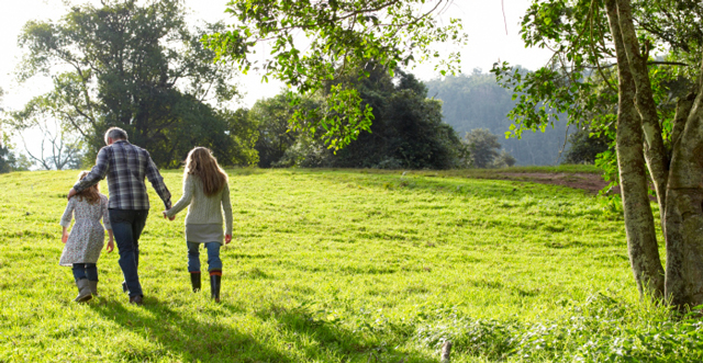 Family walking in a field