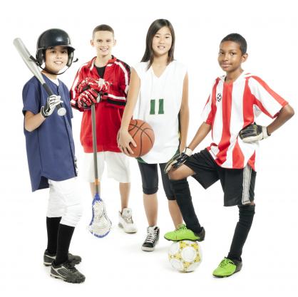 Kids in different sports uniforms