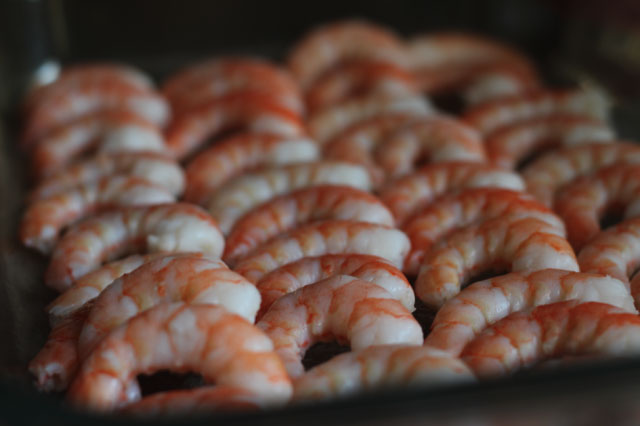 Prawns laid out on a tray