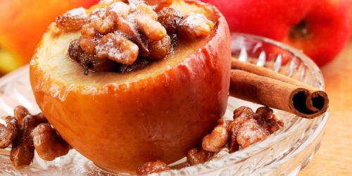Baked apple stuffed with raisins and nuts.