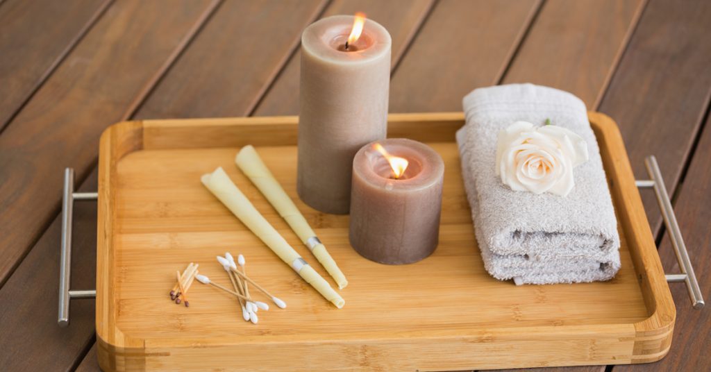 Tray of ear candling equipment