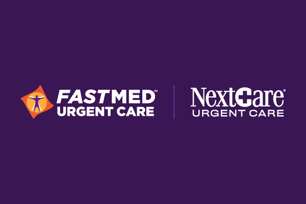 Picture of White FastMed Logo & NextCare Logo on Purple Background